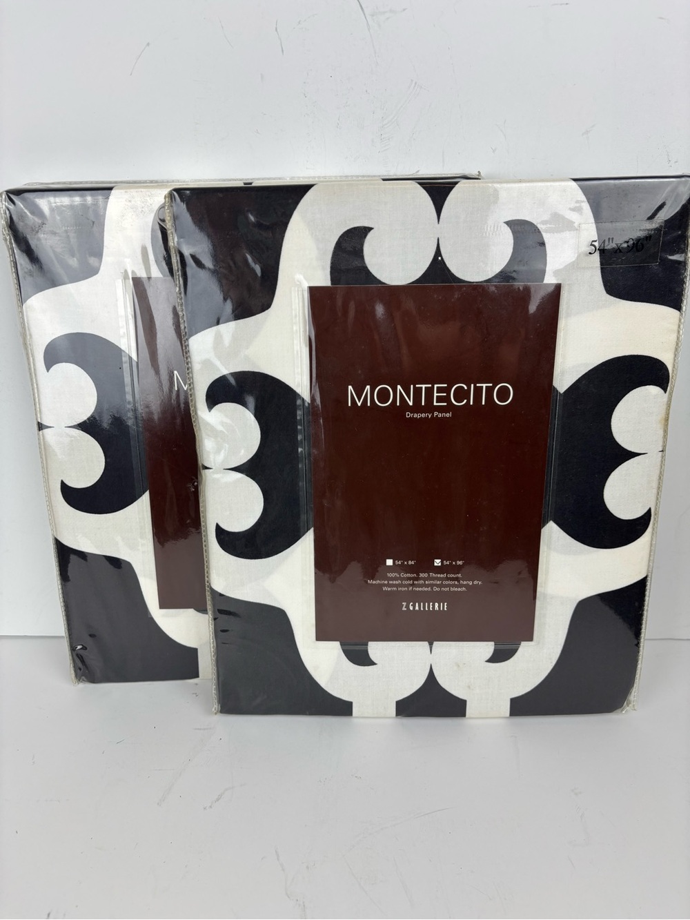 Z Gallerie Montecito Drapery Panels-pair(2)-Bold Blk/Wht Scroll Print-NEW